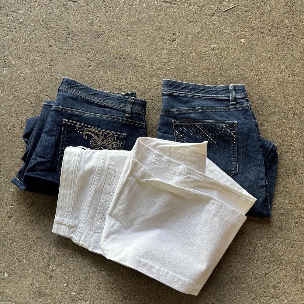 JM Collection Jeans Womens 14 Blue White Straight‎ Rhinestone Lot of 3 Bundle